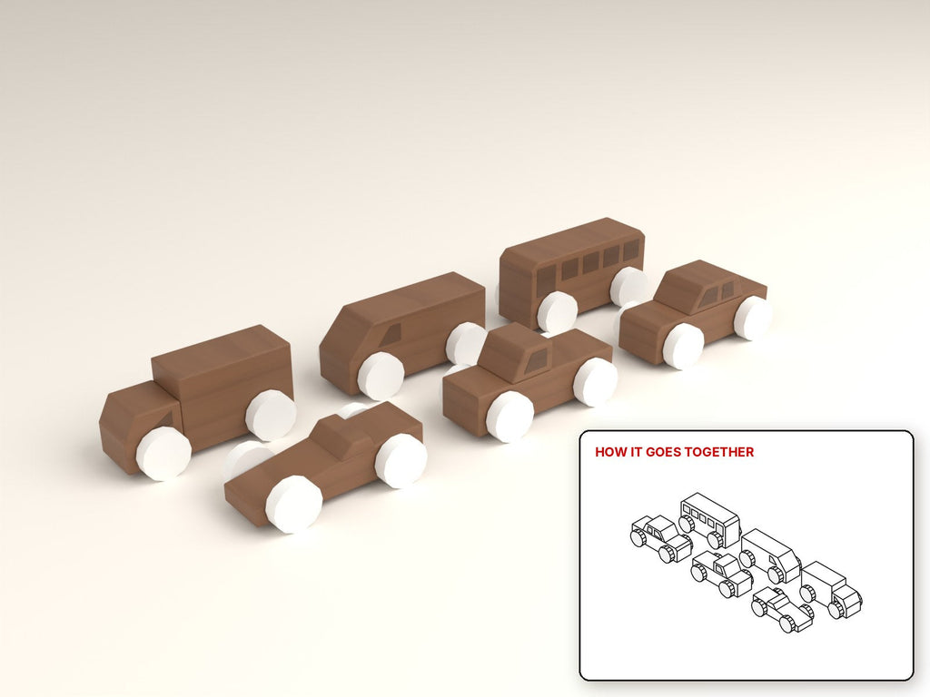 Wooden Toy Cars rendered in walnut, with the how-it-goes-together sketch inset. Free woodworking plan