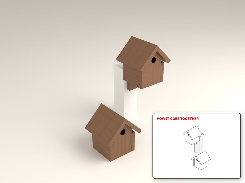 Wren Birdhouse rendered in walnut, with the how-it-goes-together sketch inset. Free woodworking plan