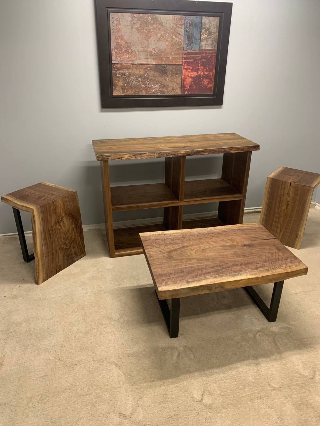 Matched black walnut console, side tables and coffee table